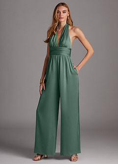 Azazie Oli Bridesmaid Dresses Eucalyptus Pleated Stretch Satin Jumpsuit image4