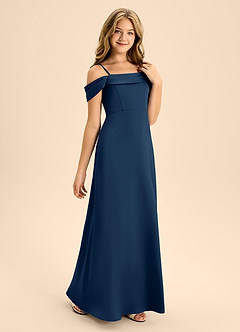 Azazie Anselie Junior Jurk van Stretch Satijn met A-Lijn Off the Shoulder Donkere Marine image5