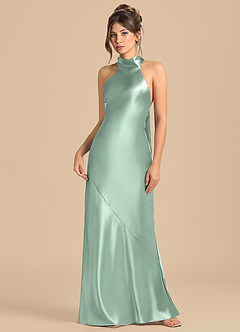 Azazie Velli 신부 들러리 드레스 쉬스 하이넥 메탈릭 새틴 바닥 길이 드레스 image3