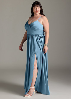 Azazie Zeya Bridesmaid Dresses Steel Blue A-Line Pleated Stretch Satin Dress image13