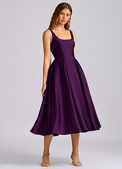 Azazie Amalie 신부 들러리 드레스 A라인 주름진 스트레치 새틴 티 길이 드레스 image1