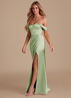 Azazie Asha Robes de demoiselle d'honneur Robe Fourreau en Satiné métallisé Épaule décolletée Vert Sauge image3