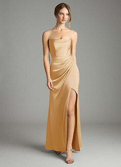 Azazie Leonis Bridesmaid Dresses Gold Mermaid Pleated Stretch Satin Convertible Dress image5