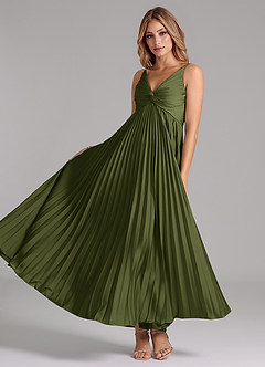 Azazie Raychelle Bridesmaid Dresses Olive A-Line Pleated Stretch Satin Dress image2