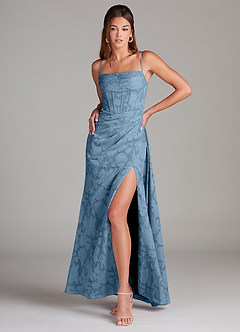 Azazie Denisa Bridesmaid Dresses Steel Blue Sheath Pleated Floral Burnout Dress image3
