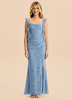 Azazie Jessamine Junior Abito Sirena in Burnout Floreale Scollo a Cuore Azzurro Polvere image5