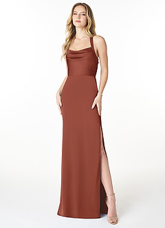 Azazie Myla Bridesmaid Dresses Auburn Sheath Cowl Keyhole Stretch Satin Dress image1