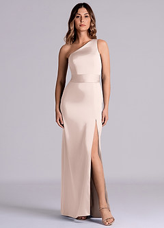 Azazie Phaedra 신부 들러리 드레스 A라인 한쪽 어깨 스트레치 새틴 바닥 길이 드레스 image8