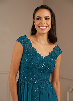 Azazie Amethyst vestidos de madre de la novia Vestido de Azul Tinta de Gasa de Corte En A con Lentejuelas Cuello V image7
