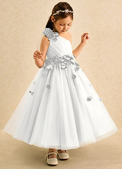 Azazie Strudel vestidos de niña de las flores Vestido de Blanco de Tul de Corte Princesa con Hombro unilateral image1