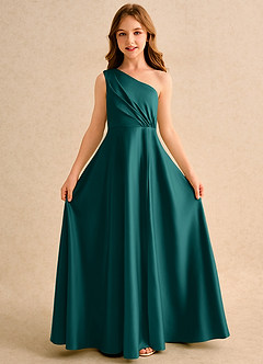 Azazie Puddles Girls Formal Abiti da Ragazza di Fiori Abito A-Line in Raso Opaco Monospalla Verde Pavone image5