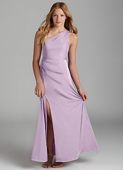 Azazie Maron Junior Frosted Lilac A-Line Pleated Stretch Satin Dress image1