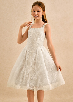 Azazie Cubbie Girls Formal Abiti da Ragazza di Fiori Abito A-Line in Pizzo Champagne image3