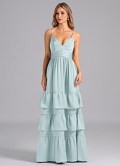 Azazie Nathalia Bridesmaid Dresses Mist A-Line Pleated Stretch Satin Dress image3