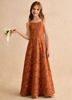 Azazie Jaella Girls Formal Robe Demoiselle D'honneur Fillette Robe Trapèze en Blumen-Burnout Plissé Orange Brûlée image2