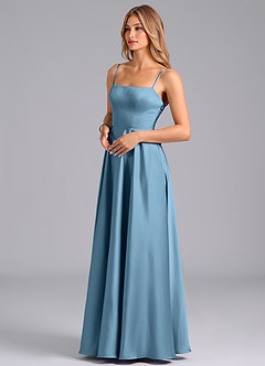Azazie Elita Jurken voor bruidsmeisjes Jurk van Stretch Satijn met A-Lijn Geplooid Staal Blauw image4