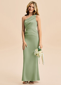 Azazie Akilah Junior Vestido de Salvia Polvorienta de Satén Elástico de Corte Recto con Plisado image5