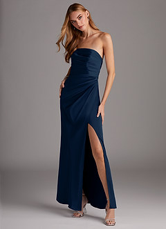 Azazie Lexie Bridesmaid Dresses Dark Navy Sheath Strapless Stretch Satin Convertible Dress image3