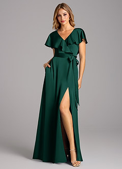 Azazie Lainey Bridesmaid Dresses Emerald A-Line with Pockets Stretch Satin Dress image3