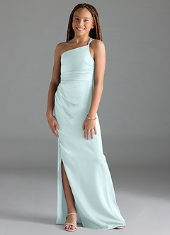 Azazie Eren Junior Sea Glass Sheath Pleated Stretch Satin Dress image1