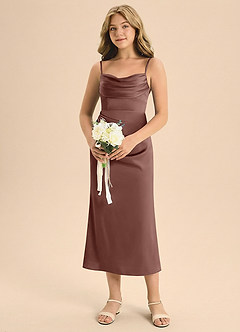 Azazie Mai Junior Osłona Pofałdowany Satyna elastyczna Długość herbaty Młodsza druhna Sukienka image4