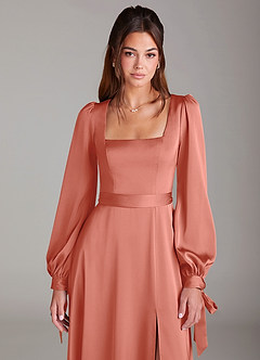 Azazie Leonia Jurken voor bruidsmeisjes Jurk van Stretch Satijn met A-Lijn Lange mouw Zalm Roze image6