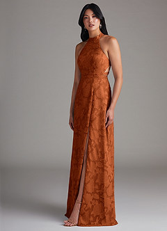 Azazie Clarice Abiti da Damigella Abito A-Line in Burnout Floreale Spacco Laterale Arancia Bruciata image3