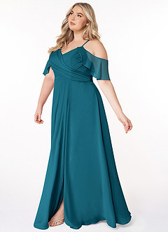 Azazie Dakota Robes de demoiselle d'honneur Robe Trapèze en Mousseline de soie Col V plissé Bleu Encre image8