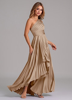 Azazie Lyrica Bridesmaid Dresses Taupe A-Line One Shoulder Stretch Satin Dress image2