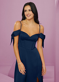 Barbie ♥ Azazie Jurken voor bruidsmeisjes Jurk van Stretch Satijn met A-Lijn Off the Shoulder Donkere Marine image12