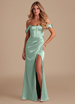 Azazie Asha Bridesmaid Dresses Agave Sheath Off the Shoulder Metallic Satin Dress image1