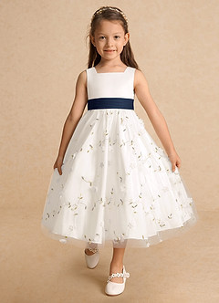 Azazie Pollie Flower Girl Dresses Ivory Dark Navy A-Line Bow Tulle Dress image10
