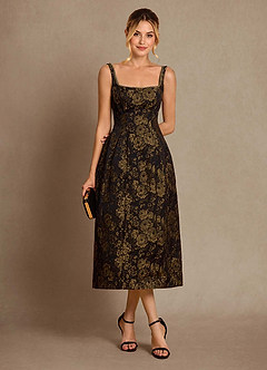 Azazie Auster vestidos de madre de la novia Vestido de Oro Negro de Jacquard de Corte En A con Con bolsillos image4