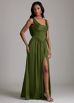 Azazie Novi Bridesmaid Dresses Bright Olive A-Line with Pockets Stretch Satin Dress image5
