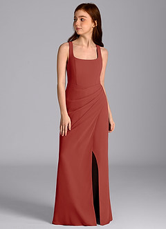 Azazie Mero Junior Vestido de Terracota de Gasa de Corte Sirena con Plisado image5