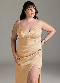 Azazie Yola Vestidos de damas de honor Vestido de Oro de Satén Elástico de Corte Recto Convertible con Cuello en V Plisado image14