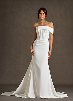 Azazie Grace Wedding Dresses Diamond White Mermaid Off the Shoulder Crepe Back Satin Dress image1