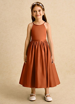 Azazie Indi Robe Demoiselle D'honneur Fillette Robe Trapèze en Mat Satiné Arc Orange Brûlée image6
