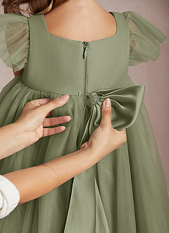Azazie Kalio Flower Girl Dresses Pistachio A-Line with Sleeves Tulle Dress image4
