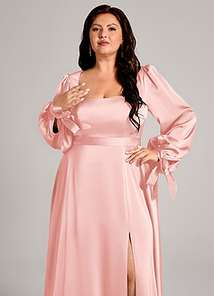 Azazie Leonia Bridesmaid Dresses Powder Pink A-Line Long Sleeve Stretch Satin Dress image9