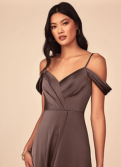 Azazie Ocean Bridesmaid Dresses Ganache A-Line V-Neck Pleated Stretch Satin Dress image2