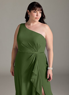 Azazie Liza Jurken voor bruidsmeisjes Jurk van Chiffon met Zeemeermin One-Shoulder Olijf image10