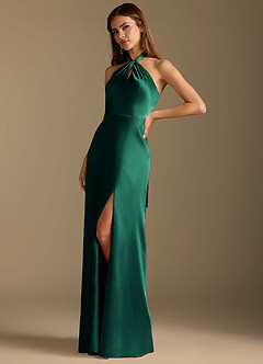 Azazie Tracie Abiti da Damigella Abito A-Line in Raso Metallizzato Plissettato Smeraldo image4