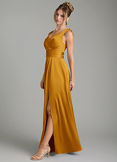 Azazie Karina Robes de demoiselle d'honneur Robe Trapèze en Satin extensible Plissée Caramel écossais image3