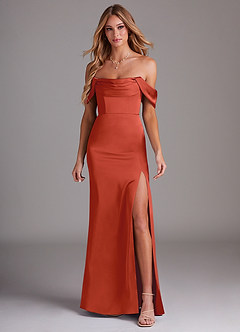 Azazie Saige Bridesmaid Dresses Rust Sheath Off the Shoulder Stretch Satin Dress image3