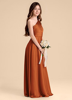 Azazie Charlize Junior Cinnamon A-Line Pleated Stretch Satin Dress image5