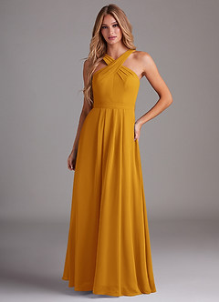 Azazie Dixie Bridesmaid Dresses Butterscotch A-Line Halter Pleated Chiffon Dress image1