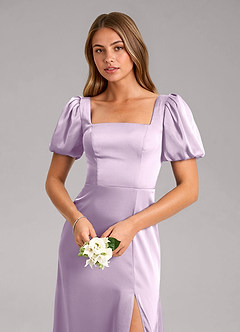 Azazie Fyona Bridesmaid Dresses Frosted Lilac A-Line Pleated Stretch Satin Dress image6