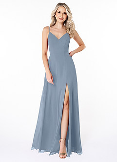 Azazie Lena Bridesmaid Dresses Dusty Blue A-Line Lace Chiffon Dress image1