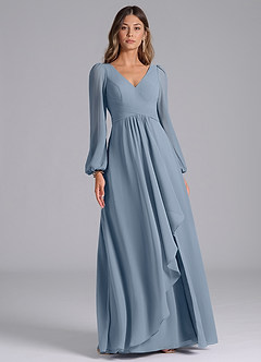Azazie Liah Bridesmaid Dresses Dusty Blue A-Line Long Sleeve Chiffon Dress image3